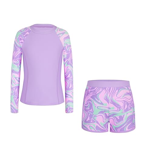 Image of Alakuoti Girls Rash Guard Swimsuit Two Piece Bathing Suit UPF 50+ Sun Protection Long Sleeve Swimwear 6-14 Years