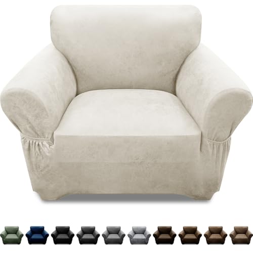 Pfrstuv Single Sofa Cover Leather Look Chair Covers for Living Room 1-Piece Sofa Chair Covers with Arms Stretch Furniture Protector with Elastic Bottom & Pockets(Armchair, Beige)