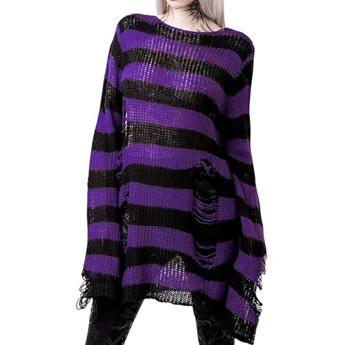 Women Y2K Striped Ripped Grunge Sweater Tops Oversized Long Sleeve Goth Punk Hollow Out Loose Knit Pullover Tops