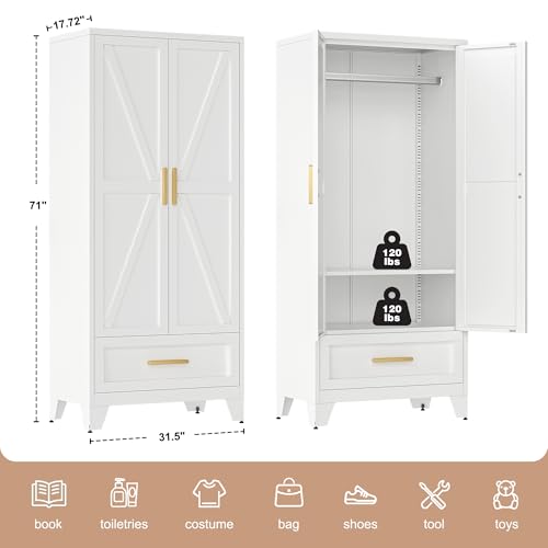 71-Tall-Metal-Wardrobe-Cabinet-with-Drawer-and-Hanging-Rod-2-Doors-Armoire-Wardrobe-Closet-with-Shelf-for-Bedroom-Office-Laundry-Room-White 71 Tall Metal Wardrobe Cabinet with Drawer and Hanging Rod 2 Doors Armoire Wardrobe Closet with Shelf for Bedroom Office Laundry Room White