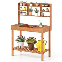 Happygrill Wooden Potting Bench Table, 60" Garden Workstation with Storage