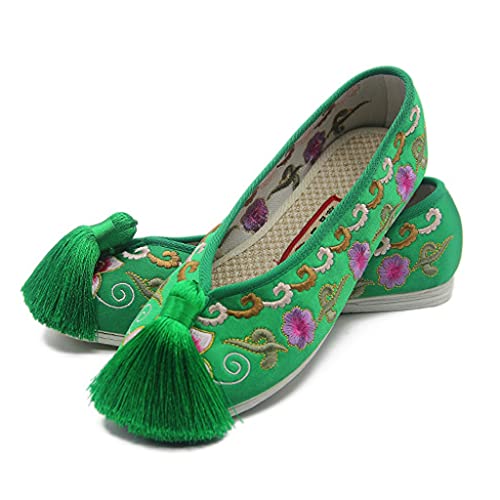 Vintage Women Flats Bride Shoes Chinese Wedding Satin Dragon Phoenix Embroidered Tassel Breathable Single Ballet Shoes Woman (Color : B, Size : 9 Code) (A 4 Code)3