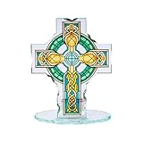 Celtic Cross Glass Standing Cross Decor, Stable Freestanding Tabletop Mantel Shelf Decor, St. Patrick’s Day Religious Gift Eternal Faith Cross