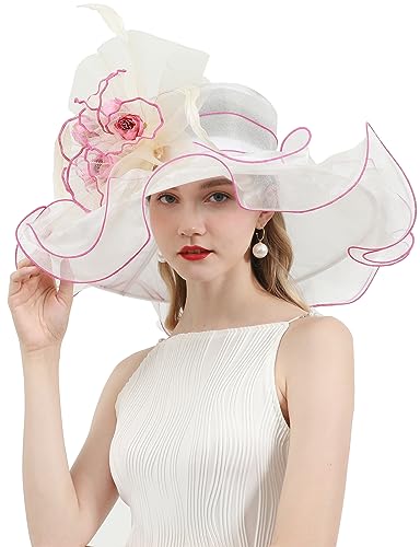 Sombrero de mujer con flor organza festivo y ala ancha miniatura 1