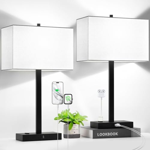 Image of Lynnoland 21 inch Set of 2 Table lamp with USB A+C & AC Outlets, Touch Control 3-Way Dimmable Nightstand Lamps for Bedroom Living Room Office Reading, White Shade Touch Lamps, 5000K LED Bulbs Included