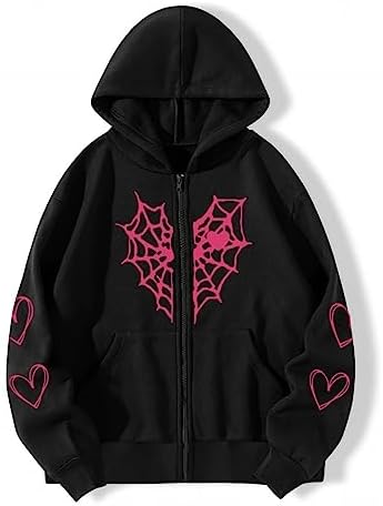 POHADON Oversized Y2K Zip Up Hoodie for Women Men Gothic Spider 