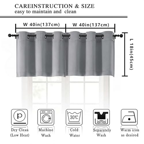 Image of Simplebrand Silver Grey Kitchen Valances for Windows 18 Inches Long 2 pack, Room Darkening Window Valances for Living Room, Grommet Short Straight Drape Kitchen Curtains for Bedroom Kids Room, 40Wx18L