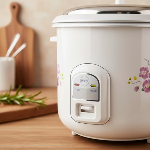 Image of easy Electric Rice Cooker (2.8L) with Tadka Pan & 2 Stainless Steel Pots - 1000W Automatic Cook, Steam & Warm - Floral Design - Ideal for Rice, Biryani, Dal Tempering & Steaming