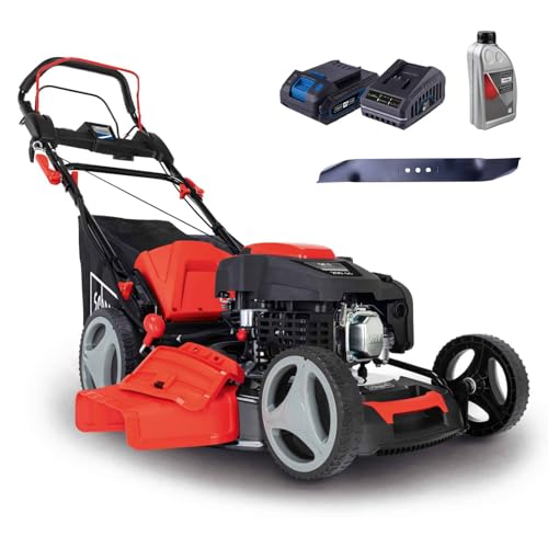 Scheppach Tondeuse à Gazon Hybride MS225-53E – Moteur 4 Temps 224 cm3 / 6 CV – Largeur de Coupe 53 cm – Bac 65 L – Batterie 2Ah + Chargeur Inclus (avec Huile Moteur + Lame supplémentaire)