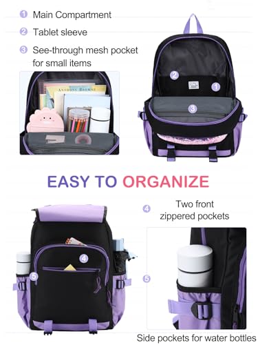 VASCHY Backpack for Girls, Cute Elementary School Bag Bookbag for Primary Schooler Kids with Sparkling Sequin Clear Pocket Black Purple4