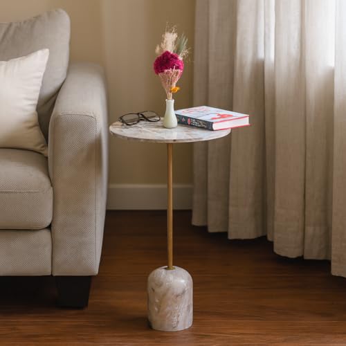 Image of Little eXtra Iron Savar Marble Side Table with Pillar Base, Sofa Side Table for Living Room, Corner Table for Bedroom, Bedside Table 35.5 x 35.5 x 65.50 cm (Beige.)