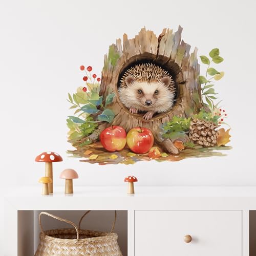 Image of RoyoLam Cute Hedgehog in Tree Hole Wall Decal Nursery Animal Wall Sticker Removable Peel and Stick Wall Art Decor for Kid Baby Classroom Preschool Living Room Playroom Bedroom School