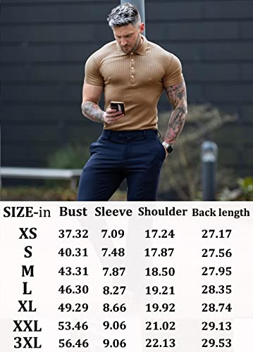 Urru Men's Muscle T Shirts Stretch Short Sleeve Workout Tee Casual Slim Fit Polo Shirt Khaki M #TOP3