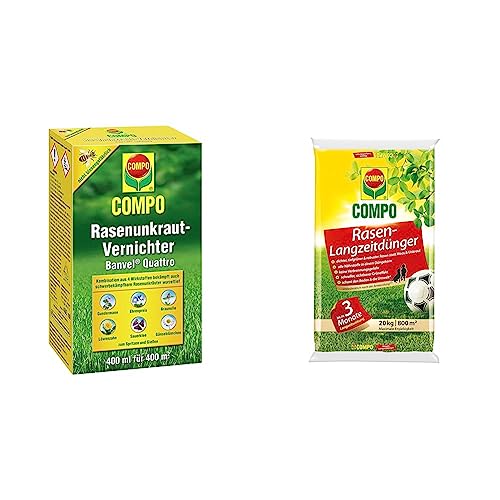 COMPO Rasenunkraut-Vernichter Banvel Quattro 400 ml + Rasen-Langzeitdünger 20 kg für 800 m²