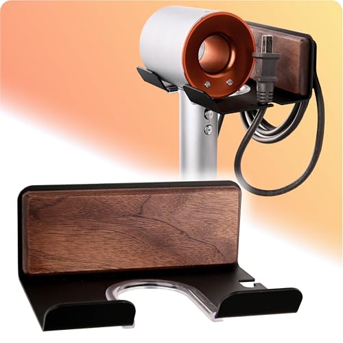 LalaDream Hair Dryer Holder Wooden Self Adhesive Hair Dryer Organizer Black Aluminum Blow Dryer Holder Rack for Dyson Supersonic Hair Dryer Universal Blow Dryer Holder with cable storage