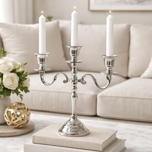 Image of Aluminum Metal 3-Arm 8inch German Silver Candelabra for Dining Table | Vintage Candle Stand for Romantic Dinner, Home & Wedding Decor
