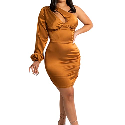 Vestido sexy de verano para mujer, con un hombro descubierto, fruncido, entallado, sin mangas, vestido de fiesta asimétrico, para cóctel, amarillo, talla XXL