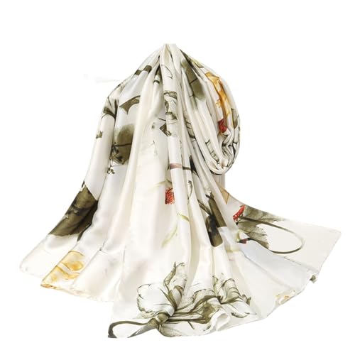 WEIGEER Écharpe en soie Silk Scarf Women Chiffon Shawl Lotus Scarf White Long Foulard en soie femmes châle plage (White-flower)