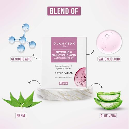 Image of Glamveda Glycolic & Salicylic Anti Acne Facial Kit (Pack Of 3) 120 gm | Pimple Care & Brightening Facial Kit For Women| No Paraben, SLS |