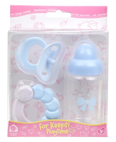 JC Toys Blue Baby Doll Bottle, Rattle & Pacifier Set for Keeps Playtime! | Fits Many Dolls up to 15