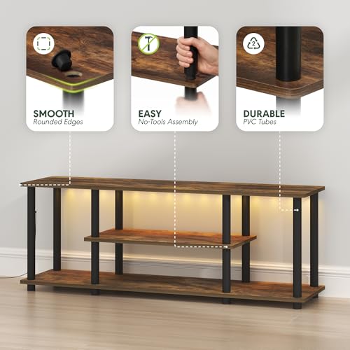 Image of Furinno Turn-N-Tube 3-Tier No Tools TV Stand with LED Lights, Amber Pine | for TV up to 50 Inch, Open Frame Entertainment Center, TV Console for Living Room, Bedroom
