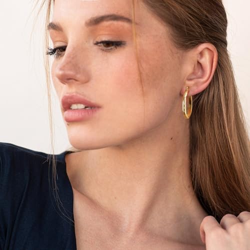 14K Gold Hoop Earrings For Women Trendy 14K Gold Earrings Classic Line Shiny Polished Hypoallergenic Earring for Women 35MM4