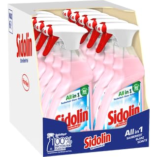 Sidolin Streifenfrei All in 1 Kirschblüte (10 × 500 ml), Glasreiniger für langanhaltenden, streifenfreien Glanz & Schutz, Fensterreiniger mit floralem Duft & Bio-Alkohol, aus 100% recyceltem Plastik