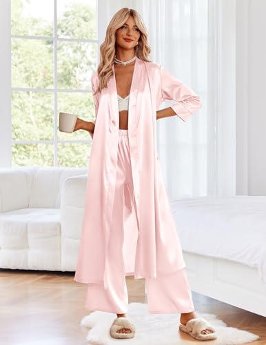 Image of Ekouaer Silk Robes for Women Long Satin Bride Bridesmaid Wedding Party Robes Lightweight Sexy Sleepwear with Pockets