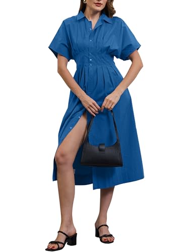 Image of MSBESYOR Women Button Front Pleated Shirt Maxi Dress Summer Striped Prints Short Sleeve Collar Casual Long Dresses