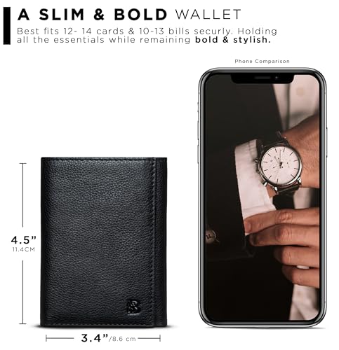 Image of SERMAN BRANDS Trifold Wallet for Men - RFID Blocking Genuine Leather, 11 Card Slots & ID Window, Slim Everyday Carry, Durable Stitching, Gift for Him