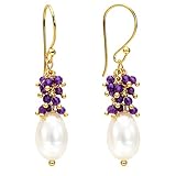 Gempires Fresh Pearl Drop Earrings for Women | 14k Gold Plated Pearl & Amethyst Gemstone Bead Dangle Earrings | Hypoallergenic French Hook Jewellery | Elegant Gift for Her