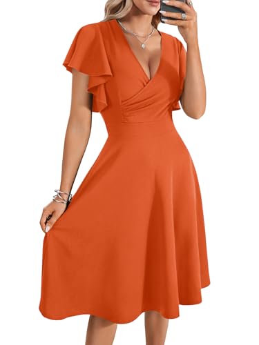 Image of LYANER Women's Warp V Neck Ruffle Short Sleeve A Line Swing Flared Cocktail Party Midi Dress