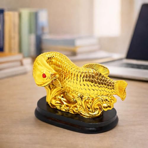 Image of Feng Shui Golden Arowana Fish Looking Back Idol for Money Collection & Career Luck | Vastu Wealth Symbol Showpiece for Office, Shop, Study Table & Home Decor | Gold Finish with Red Eye