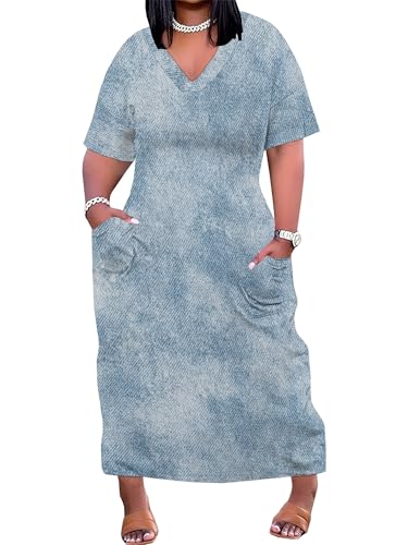 Image of SUZONANA Plus Size Denim Print Maxi Dresses for Women Casual V Neck Short Sleeve with Pockets Soft Jean Look Dress XL-6XL