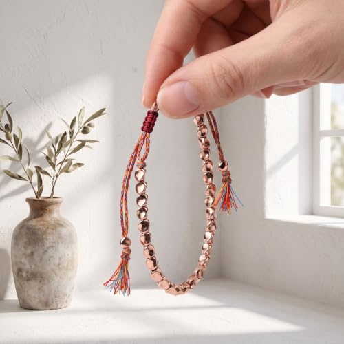 Culinavog 2 Pièces Bracelet Tibetain Cuivre, Bracelet en Cuivre Femme Homme, Bracelet Porte Bonheur Bouddhiste, Tressé à la Main, Réglable, Style Perles à Trois Faces, Or Rose – vue 4