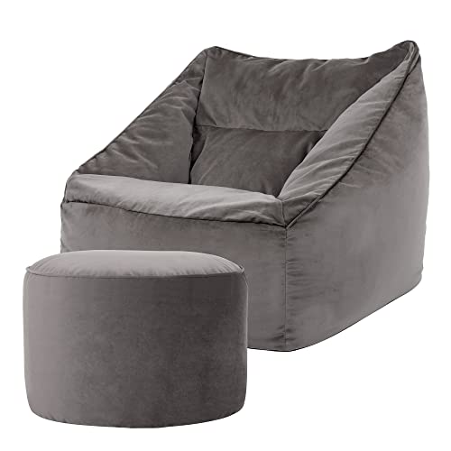 Icon Natalia Sitzsack Sessel mit Sitzpuff für Erwachsene, Dunkelgrau, Flauschiger Samtstoff, Riesen Sitzsack Samt mit Füllung, Bean Bag Chair, Bequemer Sessel Wohnzimmer, Lounge, Schlafzimmer, Büro
