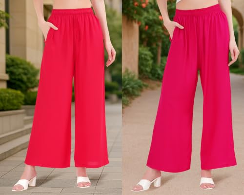 Image of Buy That Trendz Palazzo Pants for Women Cotton Rayon Elasticated Regular Fit Flared Wide Leg M to 6XL Pack of 2