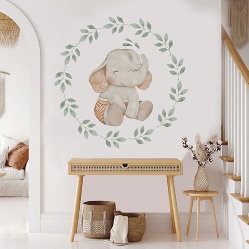 Image of Baby Elephant Leaf Wreath Wall Sticker for Nursery - Large 48x48 cm Watercolour Elephant Botanical Wreath Wall Decal Peel and Stick Wall Art Above Cot Baby Bedroom