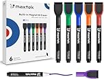 maxtek Magnetic Whiteboard Pens Markers, 6 Colours Fine Tip White Board Markers Erasable with Eraser for Kids, Low Odour Thin Dry Wipe Pens for Whiteboard (Pack of 6)