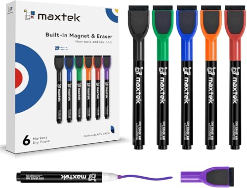 maxtek Magnetic Whiteboard Pens Markers, 6 Colours Fine Tip White Board Markers Erasable with Eraser for Kids, Low Odour Thin Dry Wipe Pens for Whiteboard (Pack of 6)