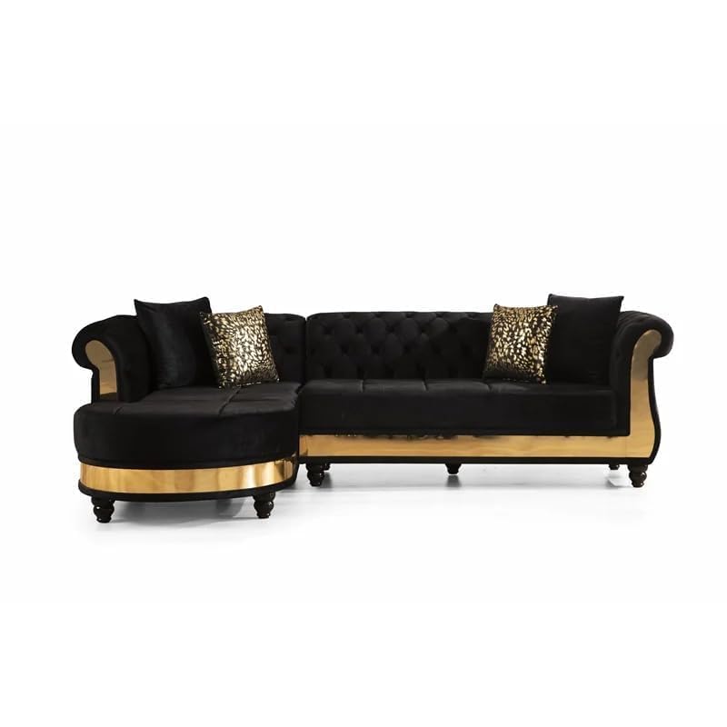 Image of Rosewood ! Modern Classic L Shape Sectional Sofa Set, Chesterfield Style 4 Seater Sofa Set with Pillows for Living Room, Bedroom and Office and Hallway Colour (Black Gold)