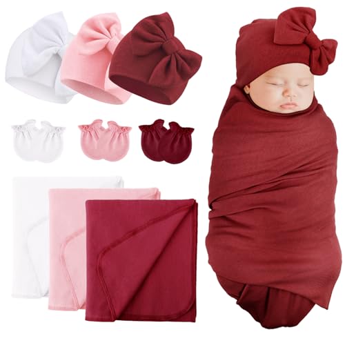 Image of DRESHOW BQUBO Newborn Receiving Blanket Bow Hat Gloves Set Cotton Warm Baby Swaddle Blanket Wrap Baby Sleep Sack Shower Gift