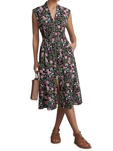 Image of Wenrine Womens Smocked Midi Dress Zipper V Neck Long Summer Dresses | zip front, empire waist, cap sleeve, flowy, a line, high slit, casual midi dress