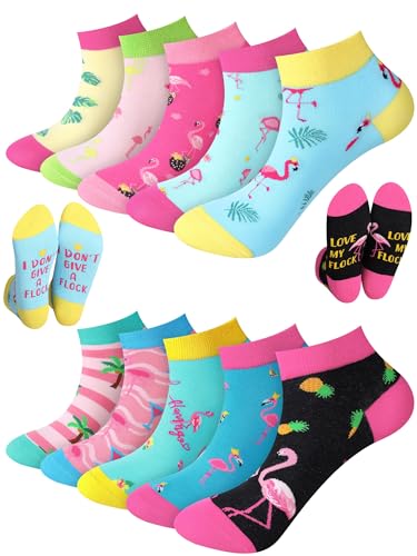 Cozypower 10 Pairs Funny Ankle Socks for Women Flamingo Beach Low Cut Cotton Mini Crew Sock for Summer Holiday Birthday Gifts(Flamingo)