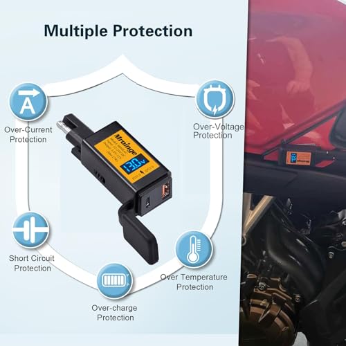 Image of Mroinge Motorcycle USB-C Charger, SAE to USB Adapter, 27W Dual Port USB Fast Charger with Voltmeter /Ammeter and ON /Off Switch, Perfect for Phone, Tablet, GPS etc Charging