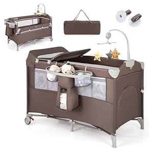 GYMAX 5 in 1 Folding Travel Cot, Portable Baby Bed Playard with Diaper Changer, Music Box, Mattress, Safety Strap, Side Zipper Entrance, Infant Bassinet Nursery Center for Newborn (Brown)