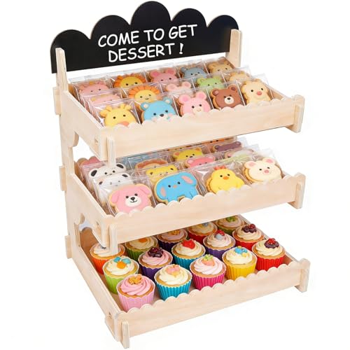 HOOMESUN [Upgraded Display Space] Cookie Display Stand - More Room & Chalkboard Sign | Wooden Tiered Stand for Bakers Vendors at Markets & Fairs | Holds More Cookies Cupcakes Muffins Pastries
