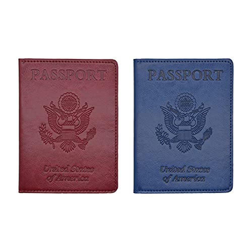 2 Pack Passport and Vaccine Card Holder Combo, Wildox PU Leather Passport Wallet, Waterproof passport cover with Card Slot, Passport Holder Wallet for Women Men Family, Wine Red+Dark Blue