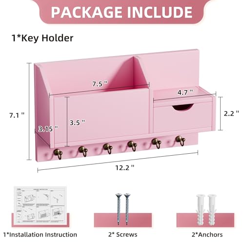 Schlüsselablage, Wandhalterung mit 6 Haken und Aufbewahrungsschublade, Schlüsselbrett Holz, Wand Schlüsselhaken, Wandregal für Schlüsselanhänger Organizer, für Eingang Wohnzimmer Flur Büro (Rosa)