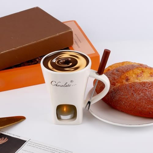 Chocolate Fondue Mug with Fork, Sweet Melting Cup with Tealights for Chocolate Cheese & Desserts Ceramic Fondue Set Ideal Gift for Date Nights Birthdays Anniversary Weddings (White) - 2
